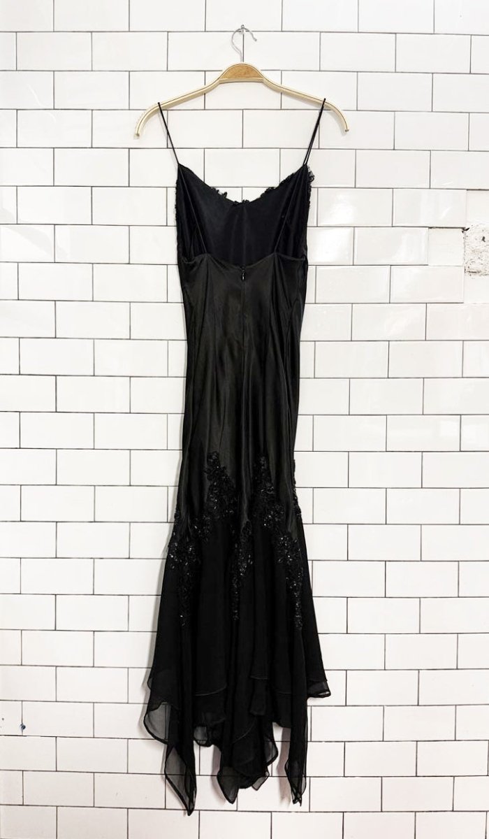 vintage satin slip beaded 100% silk chiffon shark bite hem gown - good market thrift store