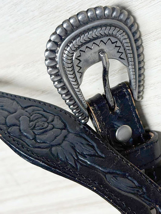 vintage silver creek rose tooled leather silver buckle belt | made in USA - good market thrift store