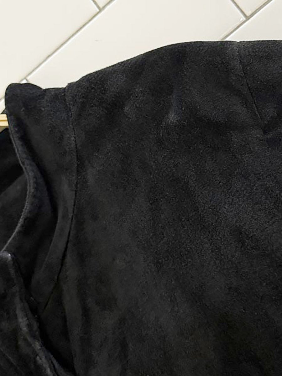 vintage soft suede strong shoulder full button long coat | leather - good market thrift store