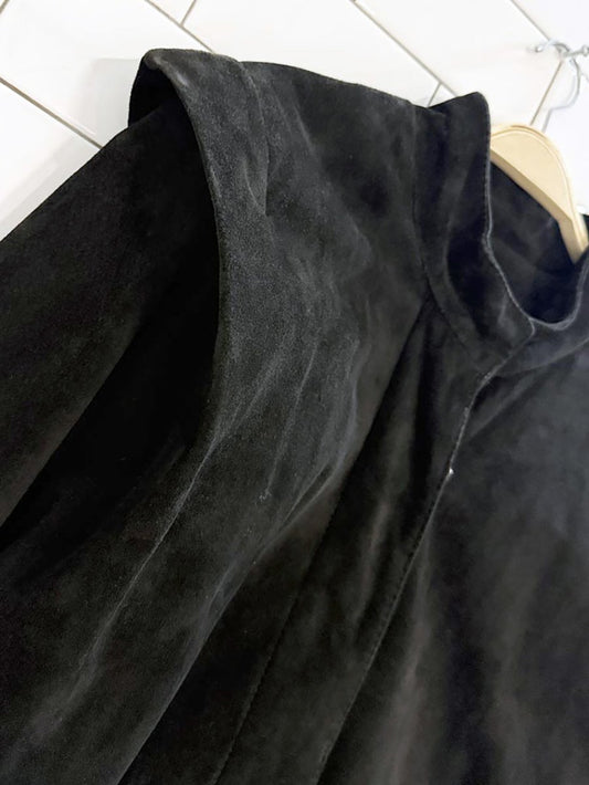 vintage soft suede strong shoulder full button long coat | leather - good market thrift store