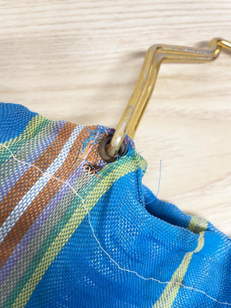 vintage striped beach tote with metal handles - good market thrift store