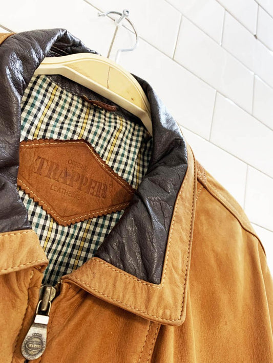 vintage trapper brushed leather two - tone bomber jacket - good market thrift store