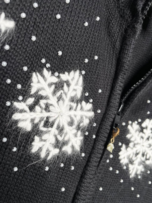vintage wool - blend angora snowflakes full zip knit cardigan | quacker factory - good market thrift store