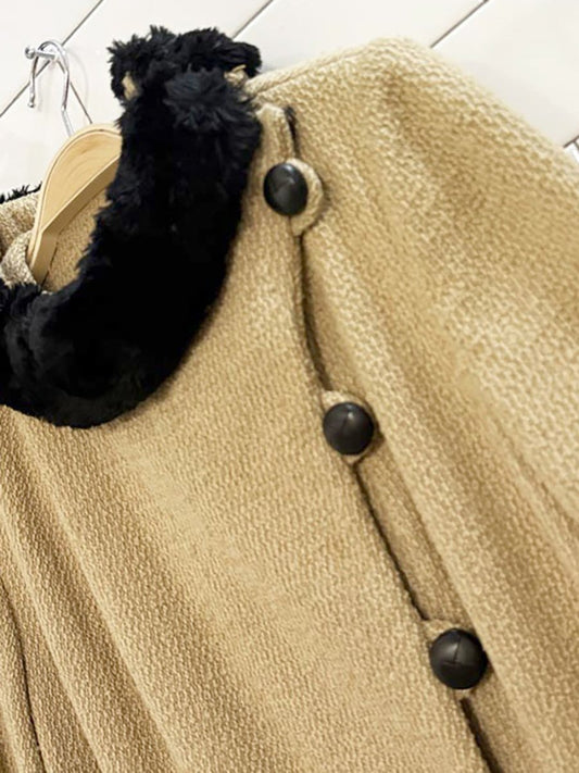 vintage wool tweed fur trim asymmetrical long coat - good market thrift store