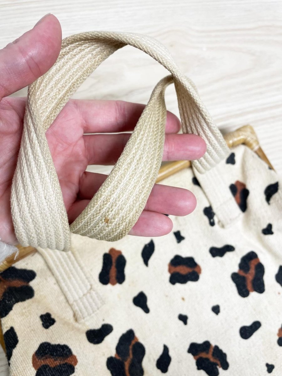 vintage woven animal print bamboo handle handbag | made in India - good market thrift store