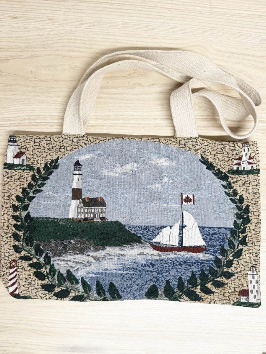 vintage woven lighthouse sail boat tote bag | montana zipper - good market thrift store
