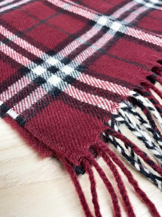 woven burgundy tartan fringe scarf - good market thrift store