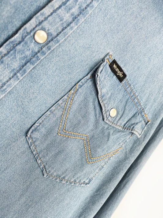 wrangler western stitch pearl snap button denim shirt - good market thrift store