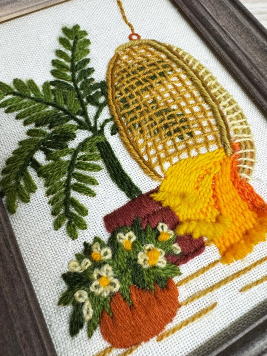 x2 vintage 70s handmade crewel retro embroidery art set | sunset designs - good market thrift store