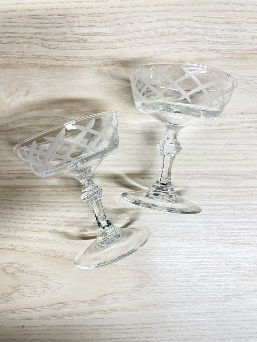 x2 vintage crystal crosshatch coupe champagne glasses - good market thrift store