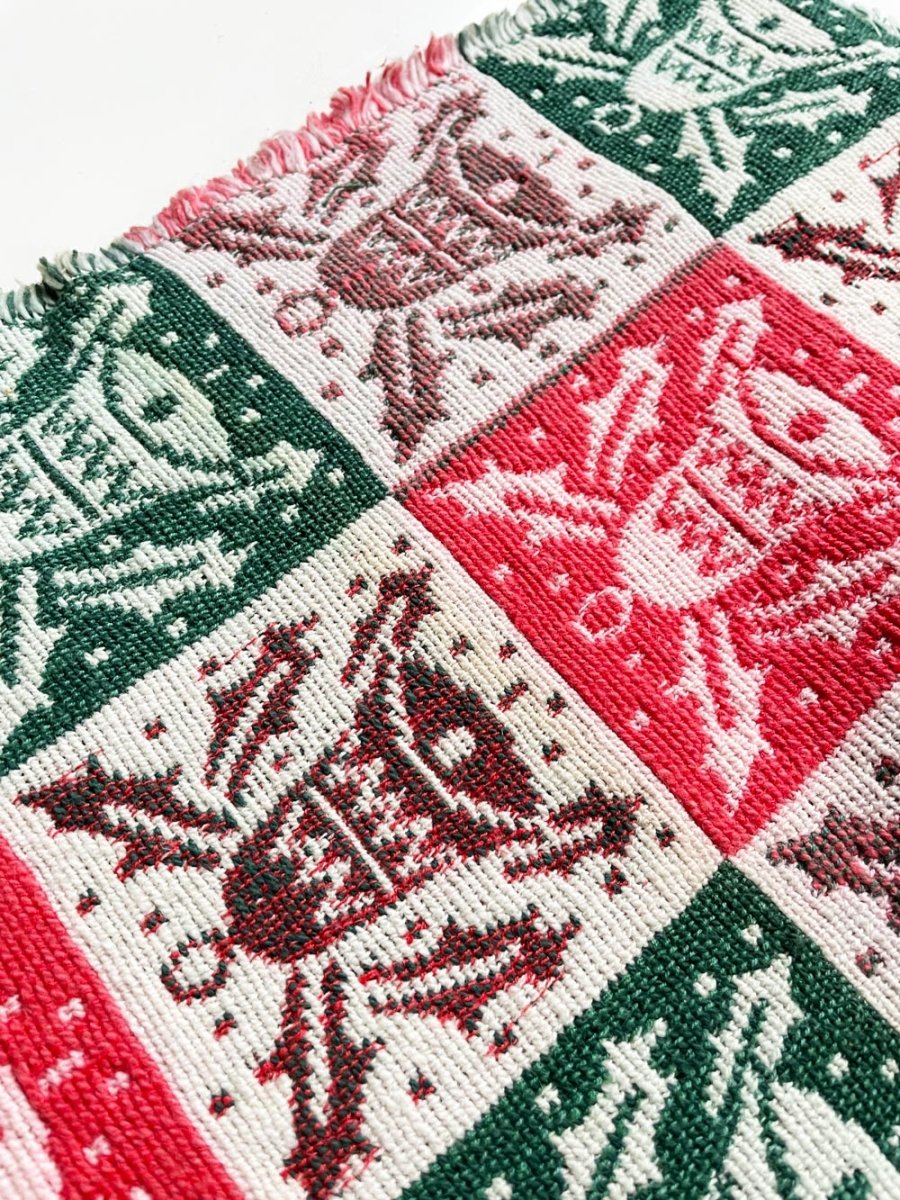 x6 vintage woven festive bells placemats | hand - bound edge - good market thrift store