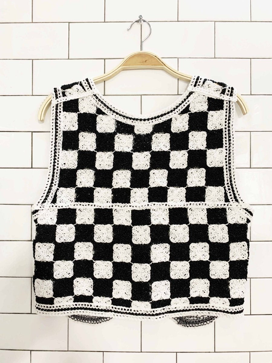 y2k crochet knit check full button vest - good market thrift store