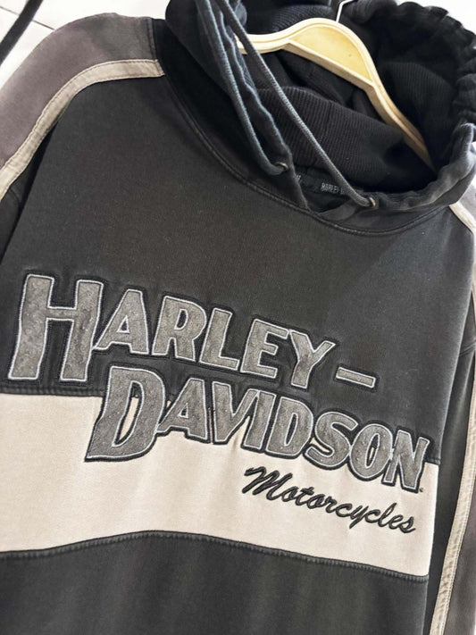 y2k distressed harley davidson two tone hooded sweatshirt - good market thrift store