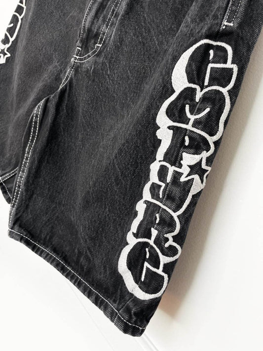 y2k empyre embroidered spell out denim skate short - good market thrift store