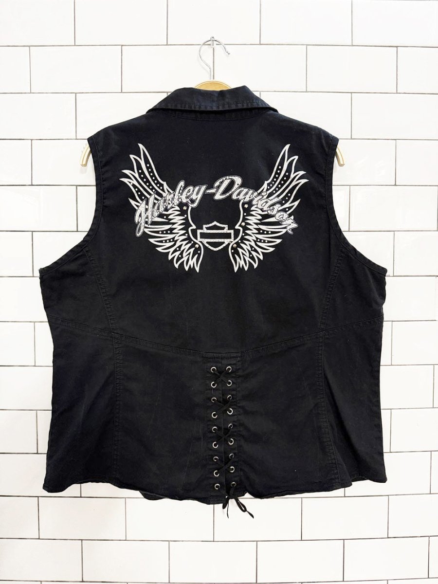 y2k harley davidson rhinestone lace detail full zip vest top - good market thrift store