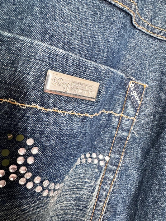 y2k lrg contrast stitch rhinestone whiskered long denim jorts - good market thrift store