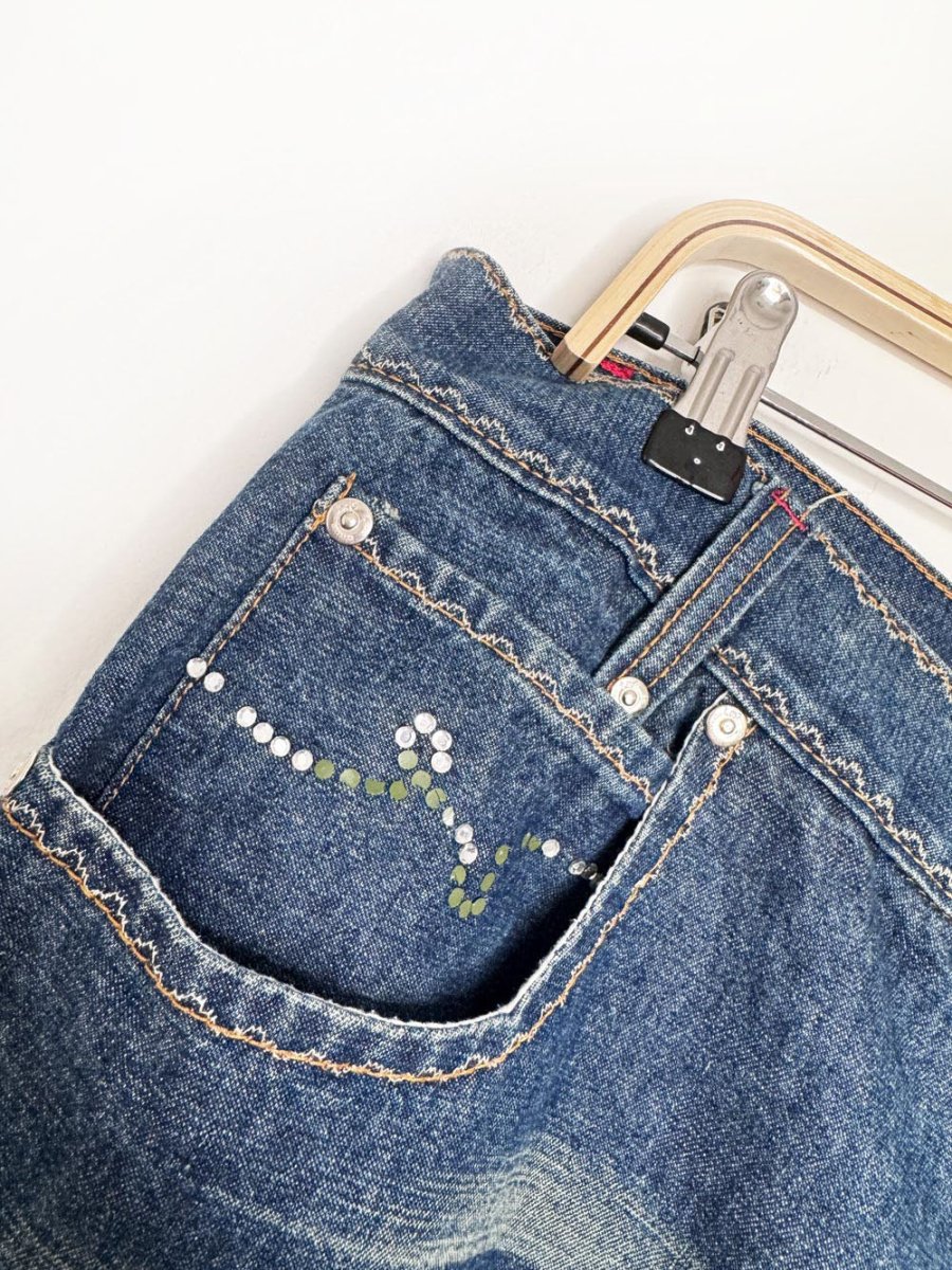 y2k lrg contrast stitch rhinestone whiskered long denim jorts - good market thrift store