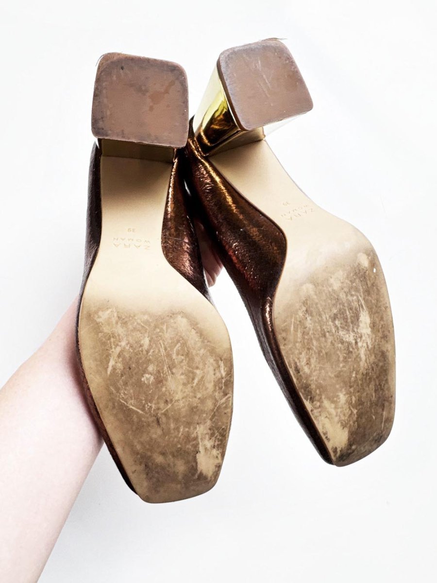 zara leather bronze metallic square toe pump - good market thrift store