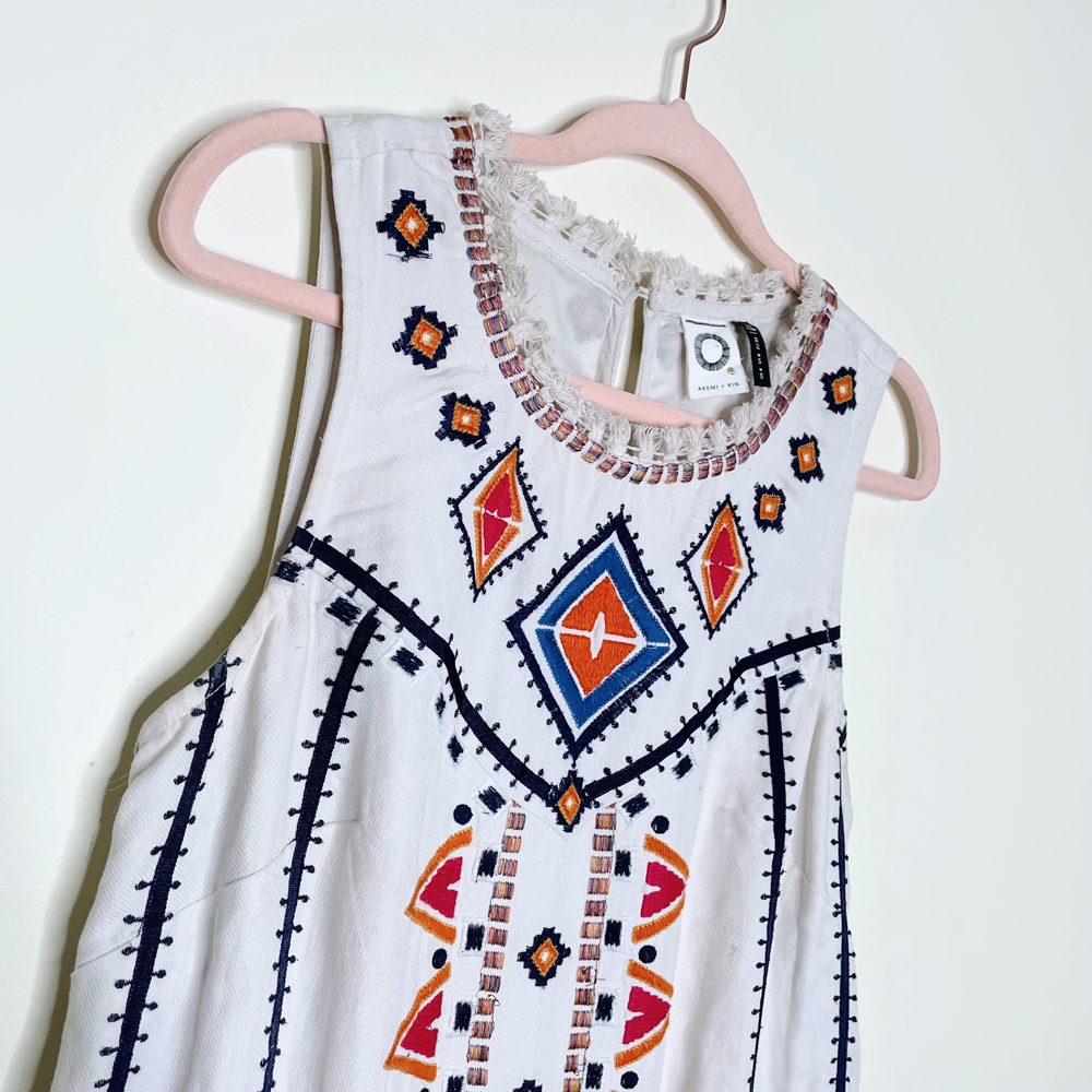 akemi + kin reagan embroidered boho shift linen-blend dress - size 0