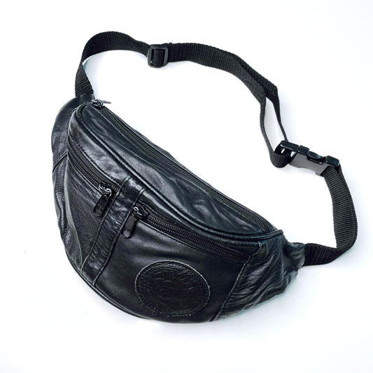 vintage black leather fanny pack with polar bear crest