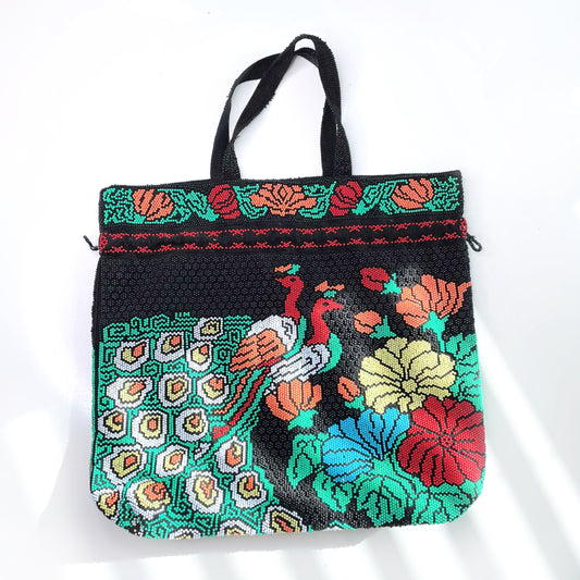 vintage 70's beaded peacock scene drawstring corduroy bag