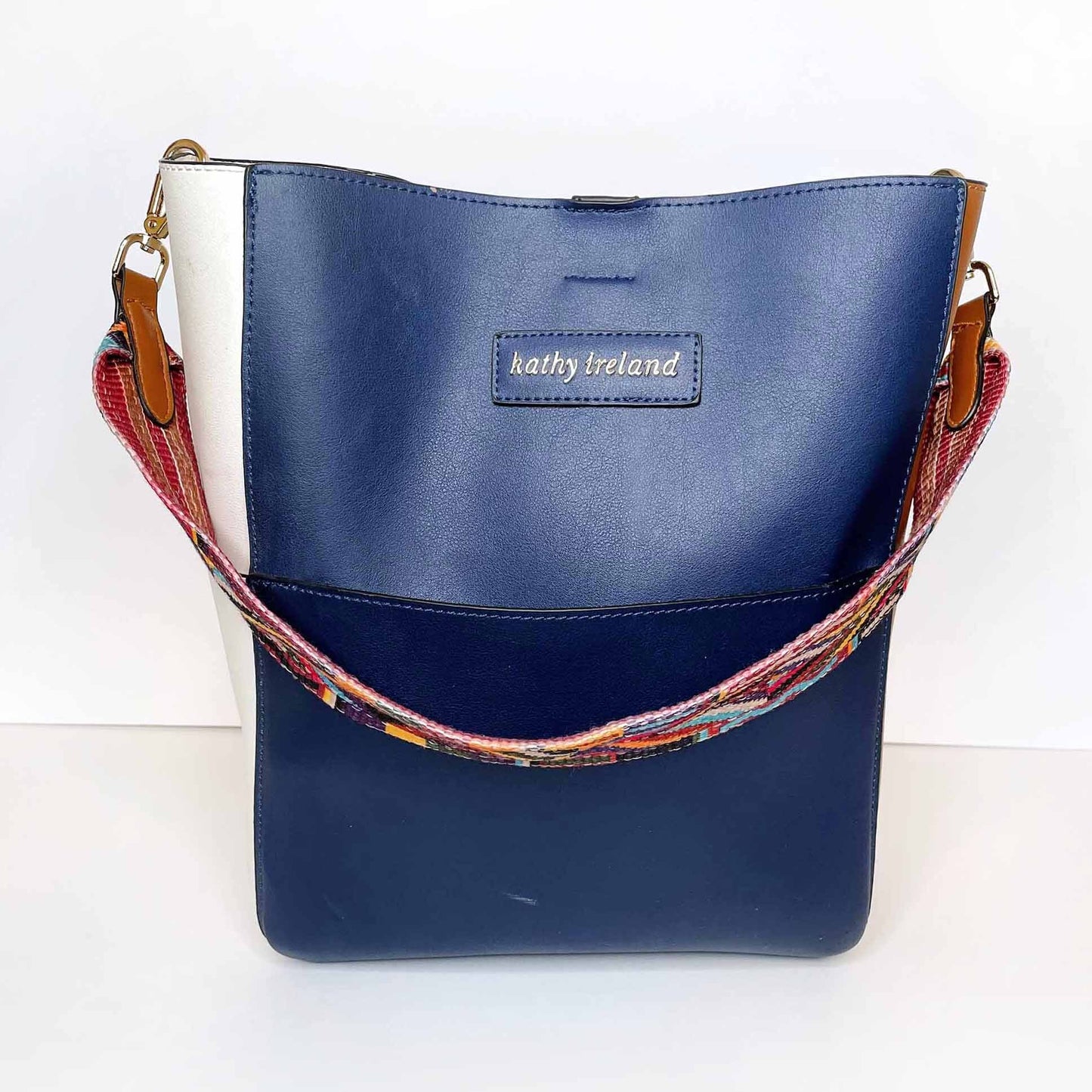 kathy ireland colour block vegan tote bag with boho woven strap