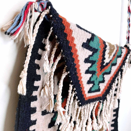 vintage woven wool turkish tribal boho kilim saddle tassel bag