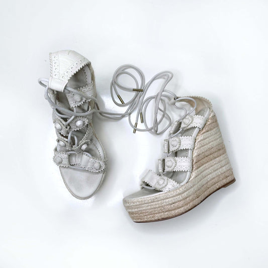 balenciaga white leather strappy wedge espadrilles sandals - size 38