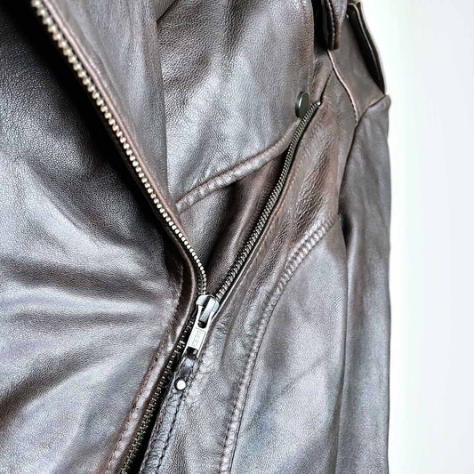 barney's originals brown leather moto jacket - size small