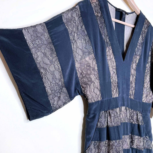 bcbg harbor black nude silk lace combination kimono dress - size xs