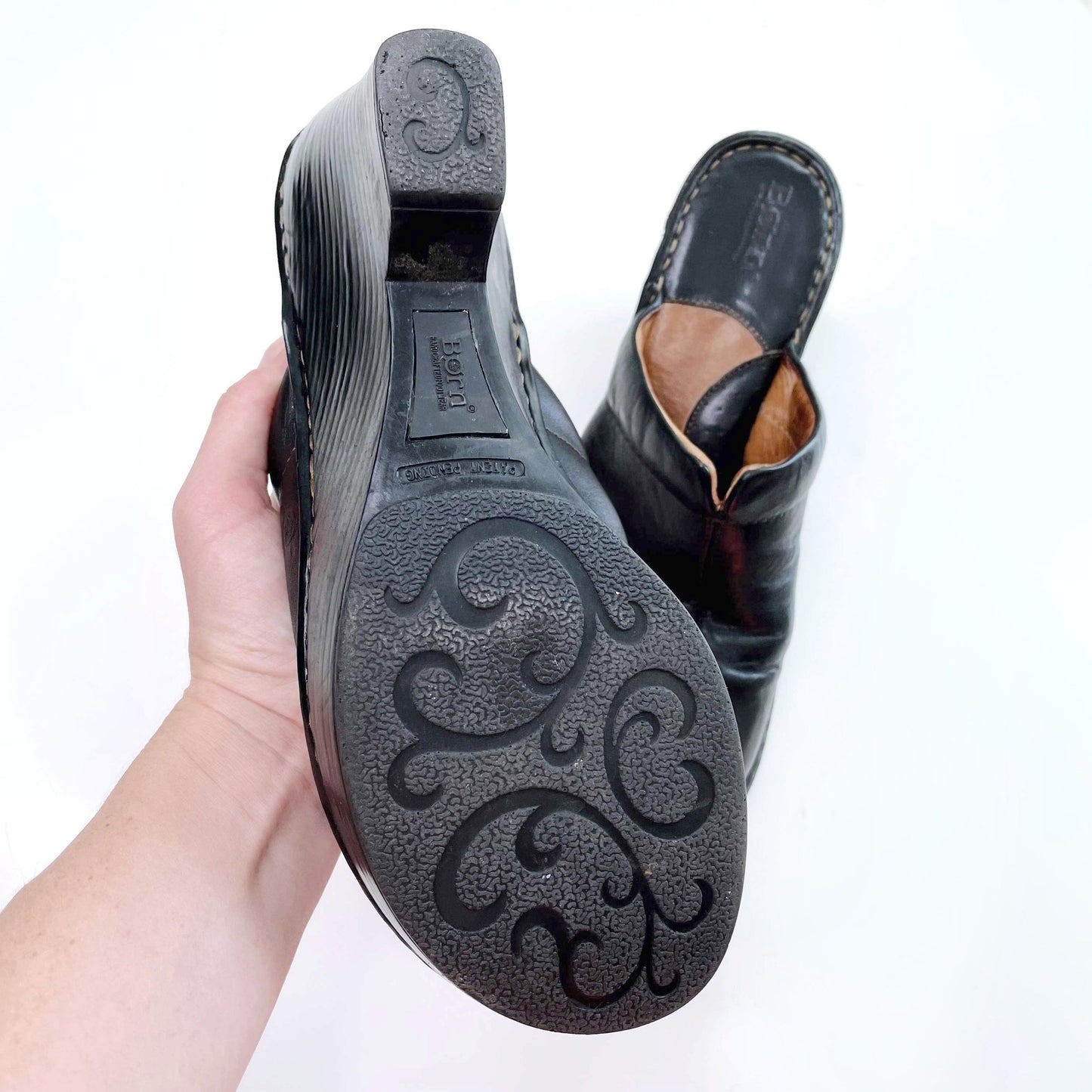 born black leather slip on clogs - size 9