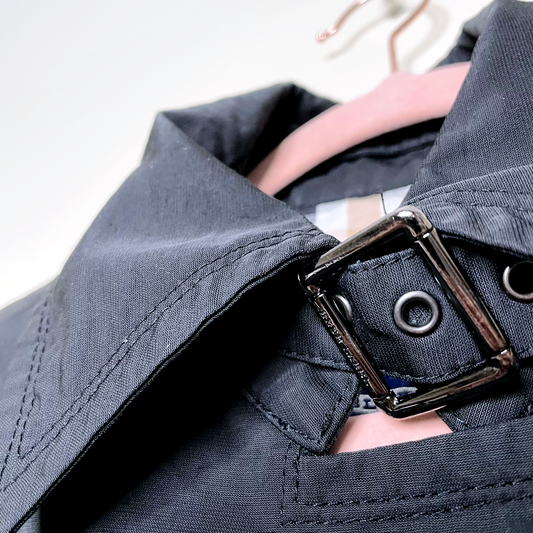 burberry blue label black trench coat with check lining - size 36