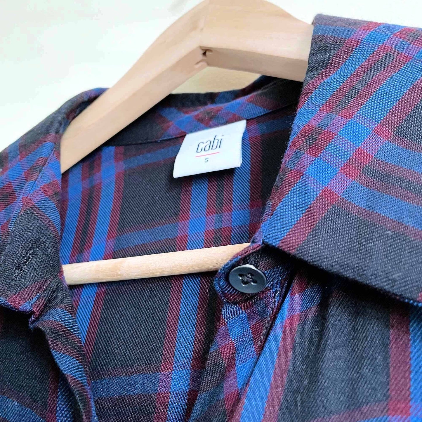 Cabi moody plaid peplum button down shirt - size Small