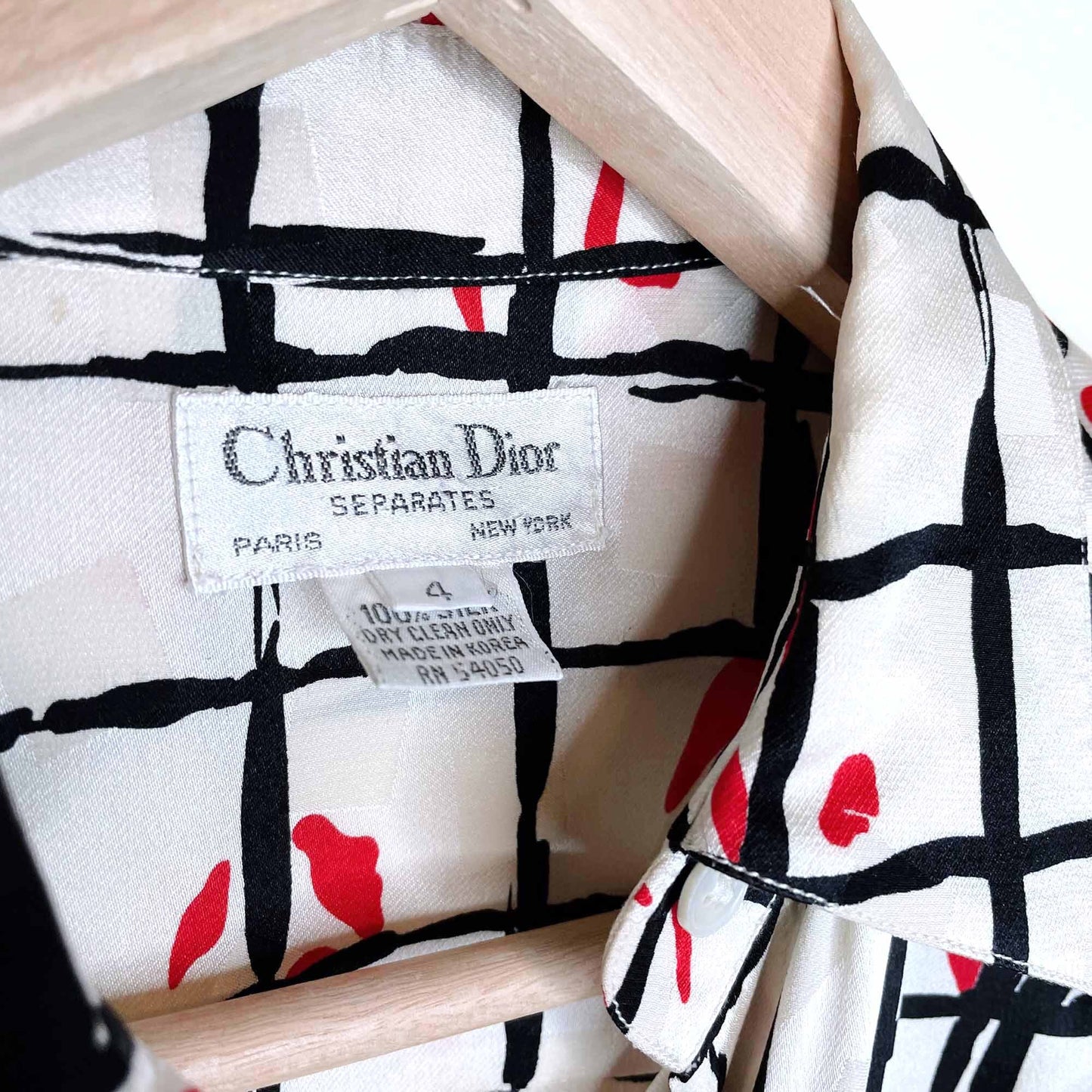 vintage christian dior ruched graphic print silk blouse - size 4