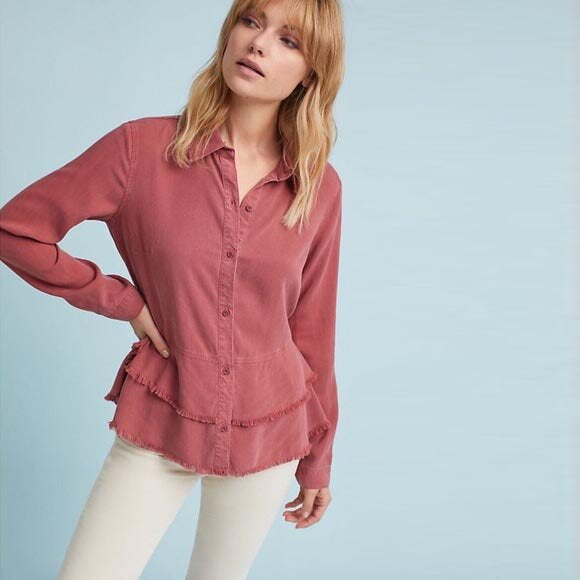 cloth & stone tiered raw peplum hem button down - size large