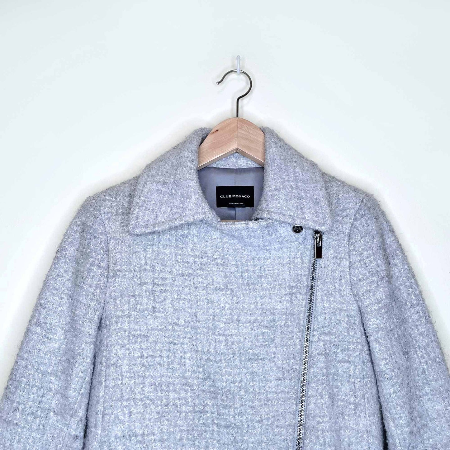 club monaco wool-blend boucle jacket with fur cuffs - size small