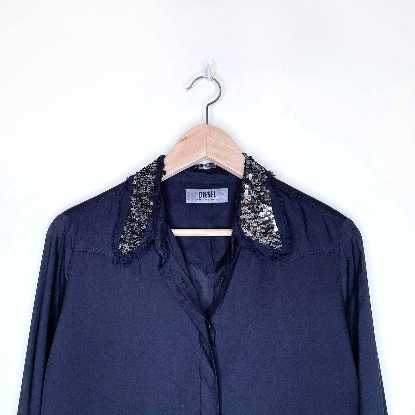 diesel black button down shirt with sequin collar and cuffs - size small