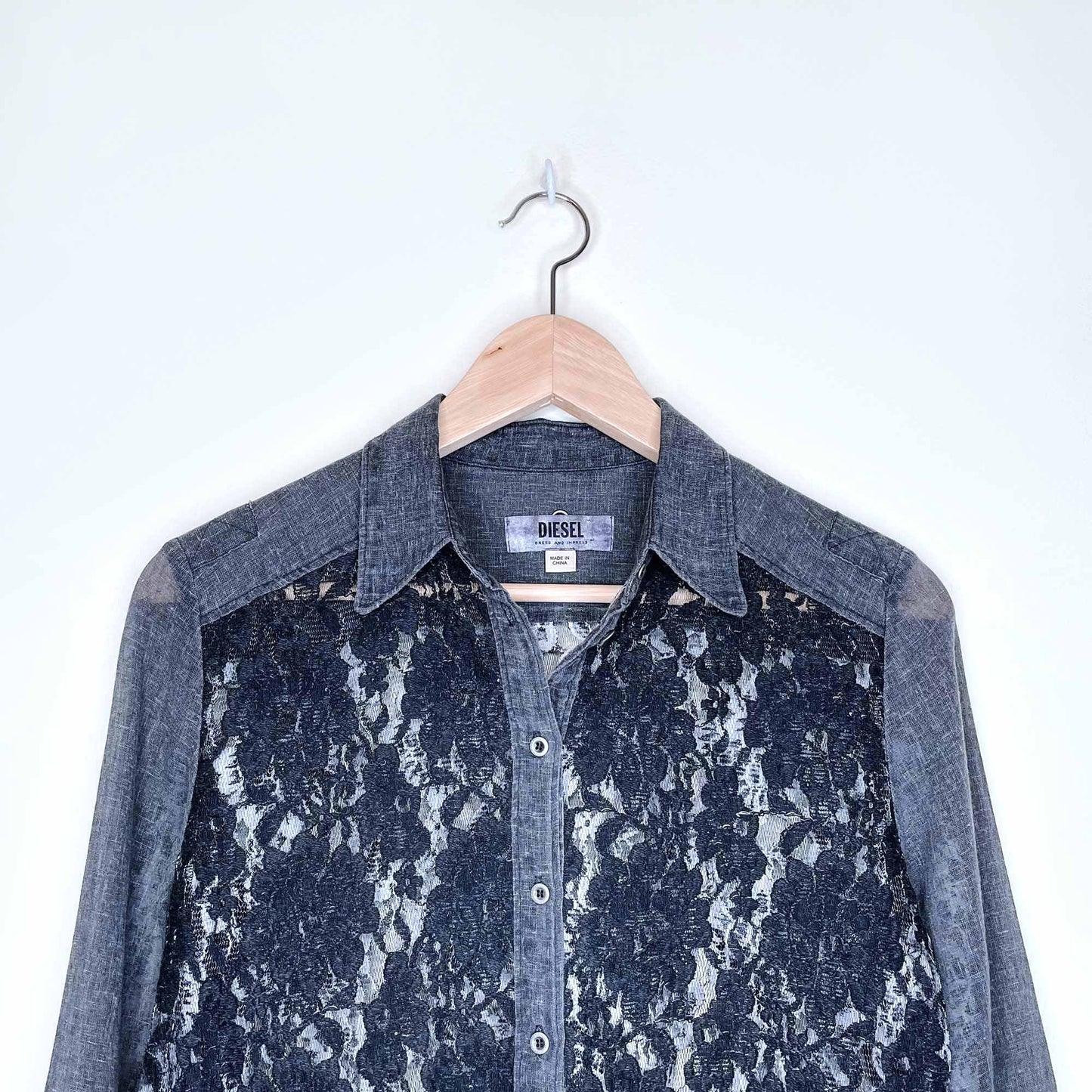 diesel grey lace panel button down blouse - size xs