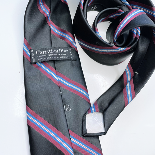 vintage christian dior black silk tie with red stripes