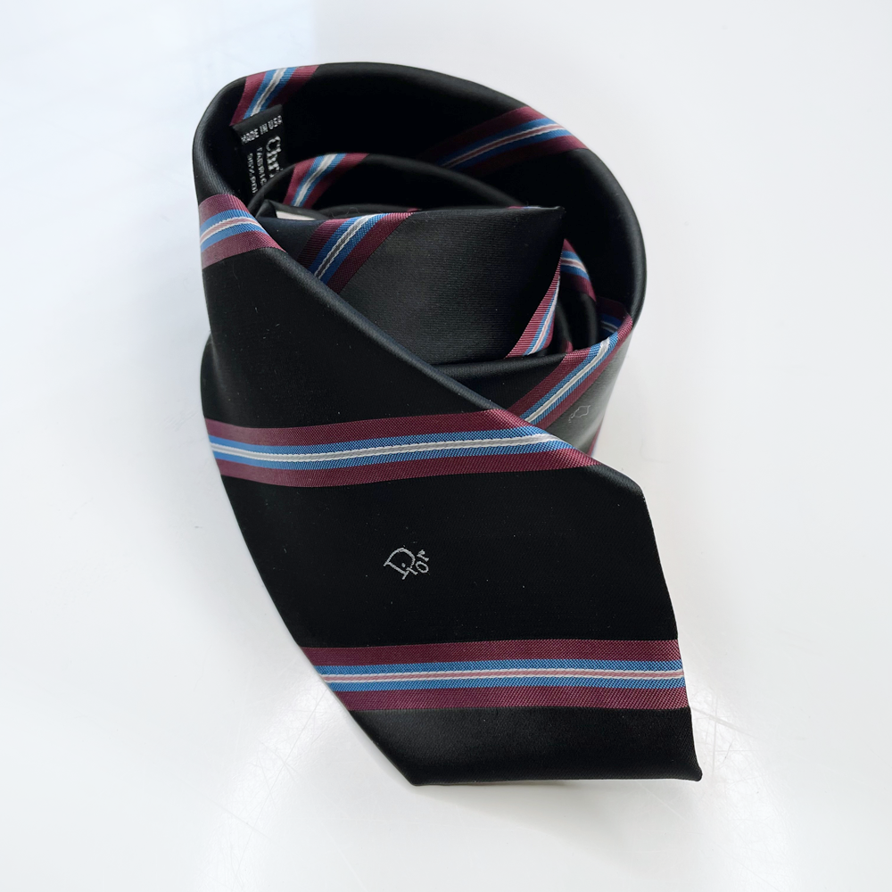 vintage christian dior black silk tie with red stripes