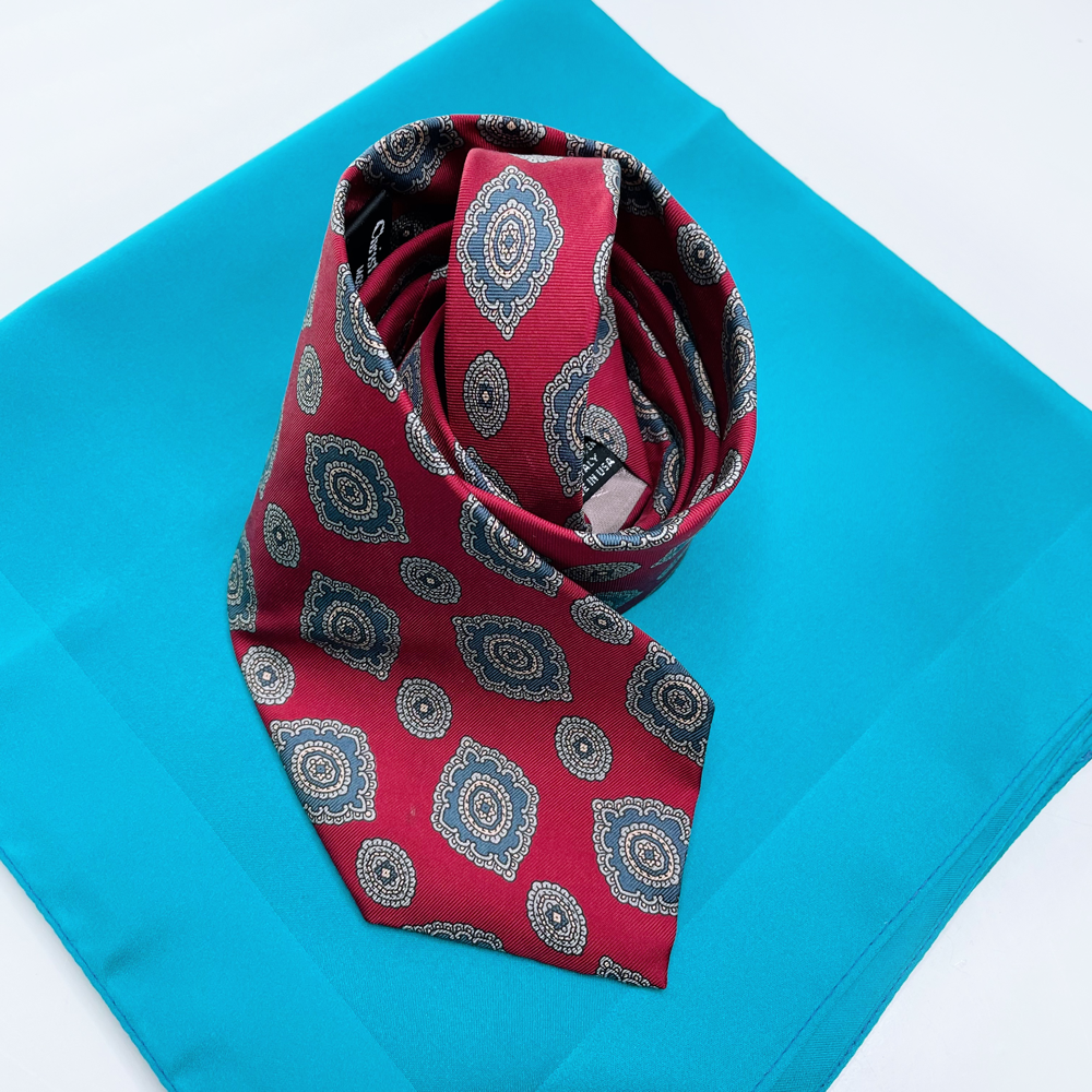 vintage christian dior red silk medallion tie with pocket square