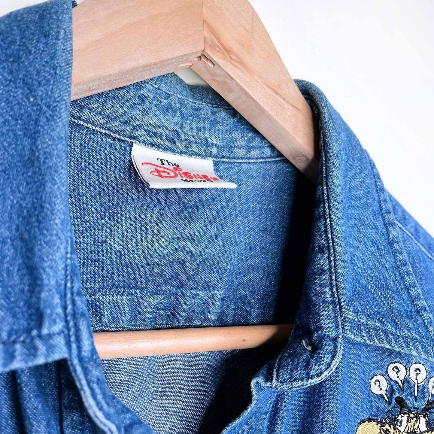 vintage disney store pluto embroidered button down denim shirt - size sm/med