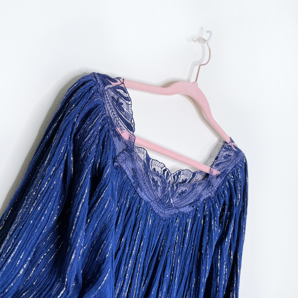 vintage 70s boho metallic dress with lace trim from france - size medium