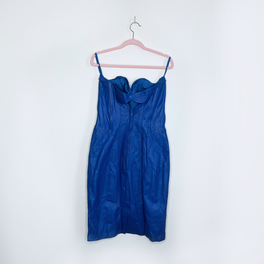 vintage 80s 90s blue soft leather strapless corset boning dress - size large