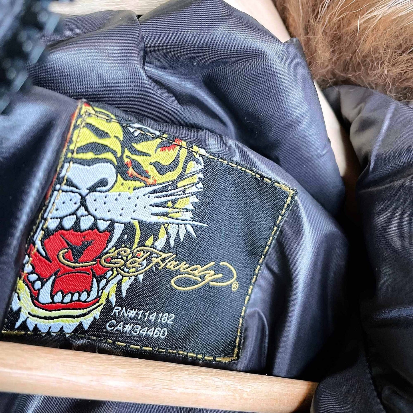 ed hardy short down puffer with fur hood - size small