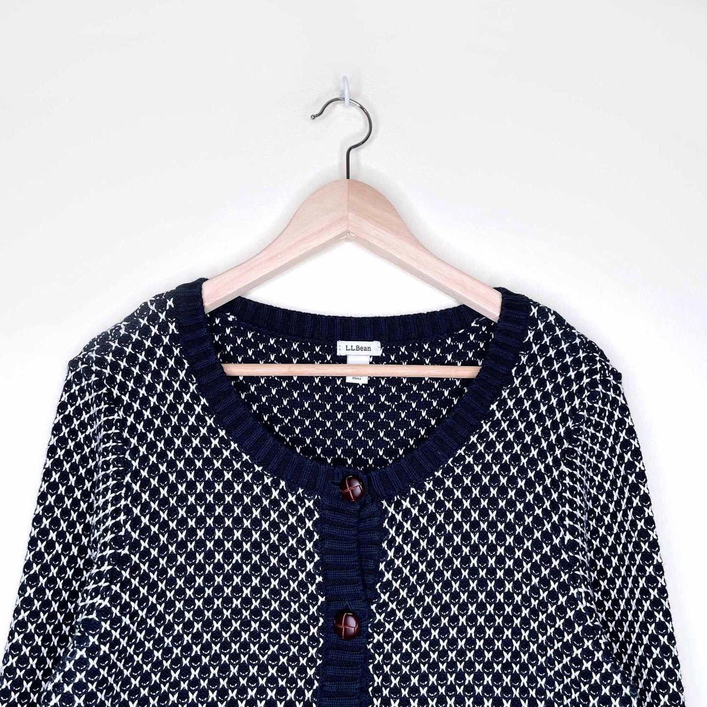 vintage ll bean knit cotton cardigan with leather buttons - size xl petite