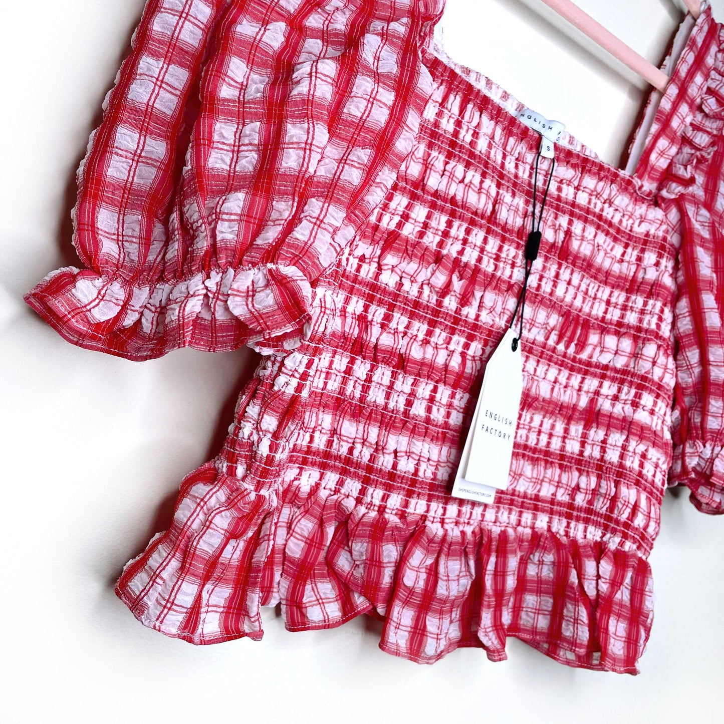nwt english factory red ginham plaid smocked top - size small