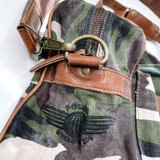 fossil camo duffle bag with brown leather trim