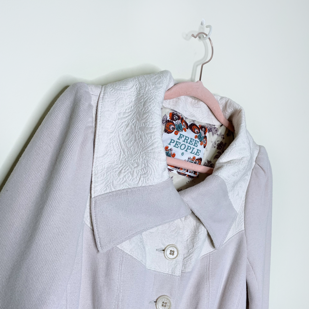 free people cream knit jacket with brocade trim - size 6