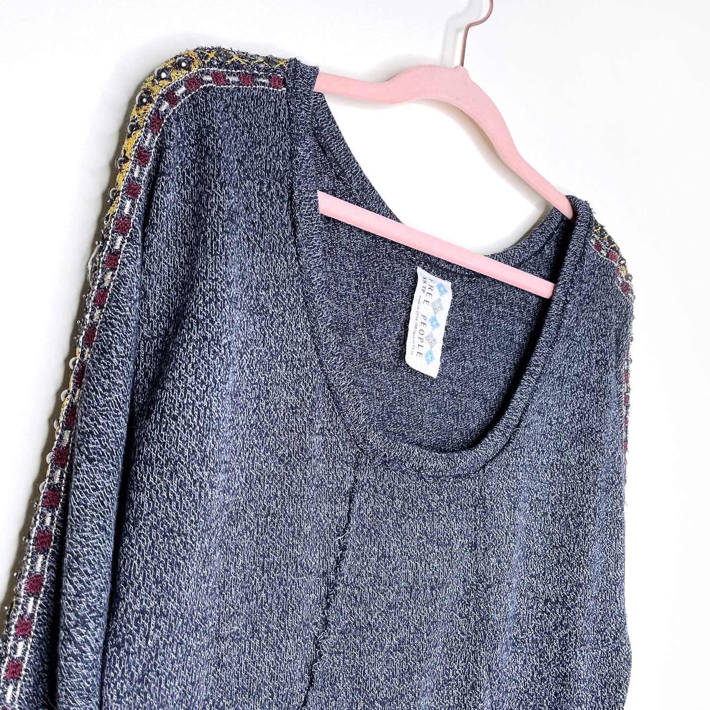 free people hi lo wool-blend tunic with embroidered sleeve - size xs